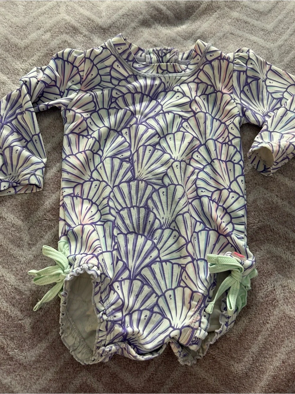 RuffleButts Long-Sleeve Kids One-Piece Swimsuit purple Shell Print Sz 12-18m